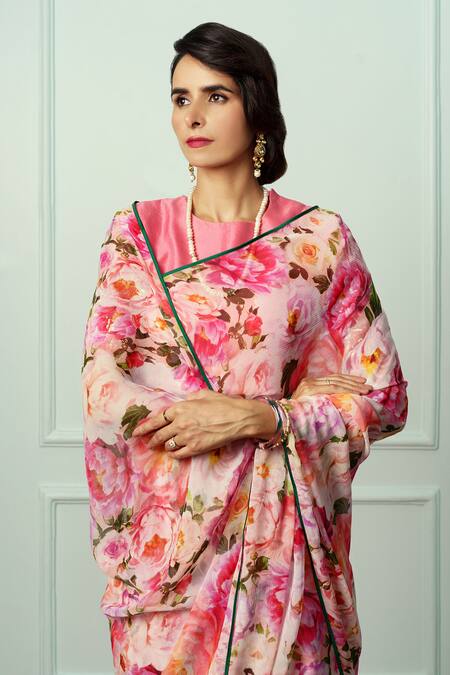 Shop Atelier Shikaarbagh Pink Chiffon, Organza Renuka Floral Pattern Saree With Unstitched Blouse Piece Online at Aza Fashions Shop_Atelier Shikaarbagh_Pink Chiffon, Organza Renuka Floral Pattern Saree With Unstitched Blouse Piece _Online_at_Aza_Fashions