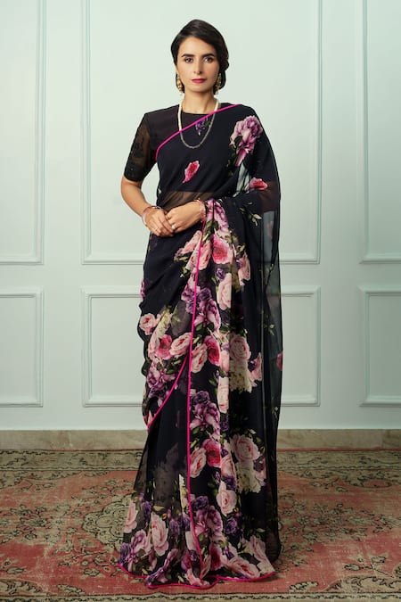 Atelier Shikaarbagh Black Printed Floral Sumiran Saree With Unstitched Blouse Piece 