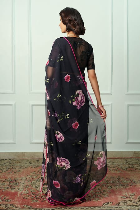 Shop Atelier Shikaarbagh Black Chiffon, Organza Sumiran Floral Saree With Unstitched Blouse Piece at Aza Fashions Shop_Atelier Shikaarbagh_Black Chiffon, Organza Sumiran Floral Saree With Unstitched Blouse Piece _at_Aza_Fashions