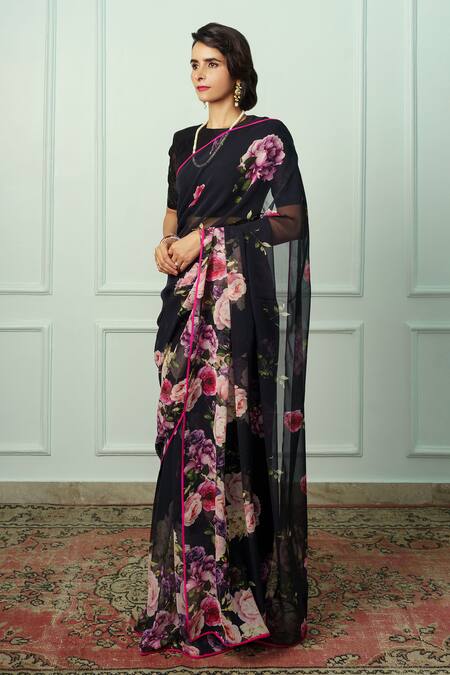 Atelier Shikaarbagh Black Chiffon, Organza Sumiran Floral Saree With Unstitched Blouse Piece Online at Aza Fashions Atelier Shikaarbagh_Black Chiffon, Organza Sumiran Floral Saree With Unstitched Blouse Piece _Online_at_Aza_Fashions