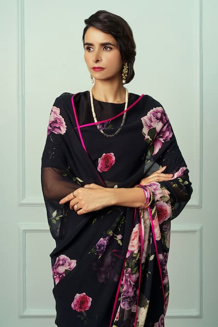 Shop Atelier Shikaarbagh Black Chiffon, Organza Sumiran Floral Saree With Unstitched Blouse Piece Online at Aza Fashions Shop_Atelier Shikaarbagh_Black Chiffon, Organza Sumiran Floral Saree With Unstitched Blouse Piece _Online_at_Aza_Fashions
