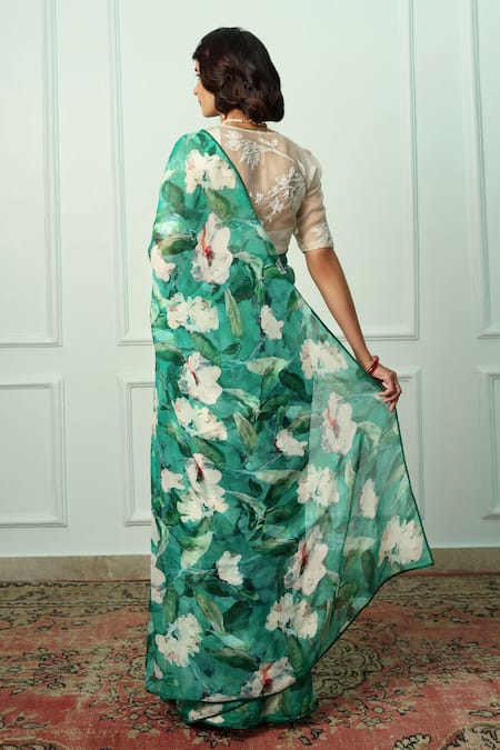 Shop Atelier Shikaarbagh Green Chiffon, Organza Embroidery Floral Printed Saree With Blouse Piece at Aza Fashions Shop_Atelier Shikaarbagh_Green Chiffon, Organza Embroidery Floral Printed Saree With Blouse Piece _at_Aza_Fashions