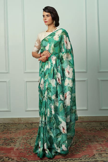 Atelier Shikaarbagh Green Chiffon, Organza Embroidery Floral Printed Saree With Blouse Piece Online at Aza Fashions Atelier Shikaarbagh_Green Chiffon, Organza Embroidery Floral Printed Saree With Blouse Piece _Online_at_Aza_Fashions