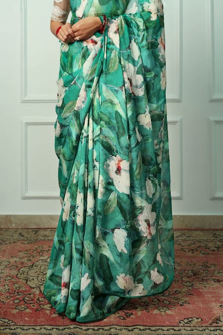 Buy Atelier Shikaarbagh Green Chiffon, Organza Embroidery Floral Printed Saree With Blouse Piece Online at Aza Fashions Buy_Atelier Shikaarbagh_Green Chiffon, Organza Embroidery Floral Printed Saree With Blouse Piece _Online_at_Aza_Fashions
