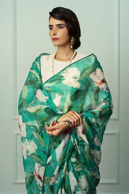 Shop Atelier Shikaarbagh Green Chiffon, Organza Embroidery Floral Printed Saree With Blouse Piece Online at Aza Fashions Shop_Atelier Shikaarbagh_Green Chiffon, Organza Embroidery Floral Printed Saree With Blouse Piece _Online_at_Aza_Fashions