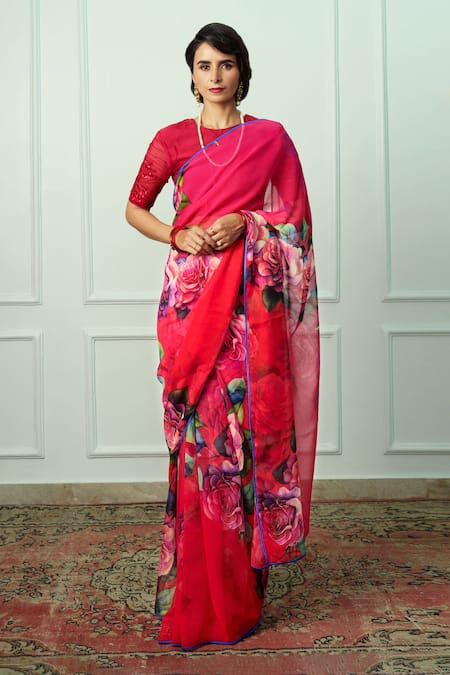 Atelier Shikaarbagh Red Printed Floral Aditi Saree With Organza Unstitched Blouse Piece 