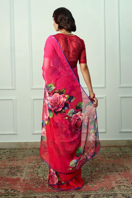 Shop Atelier Shikaarbagh Red Chiffon, Organza Embroidery Aditi Saree With Unstitched Blouse Piece at Aza Fashions Shop_Atelier Shikaarbagh_Red Chiffon, Organza Embroidery Aditi Saree With Unstitched Blouse Piece _at_Aza_Fashions