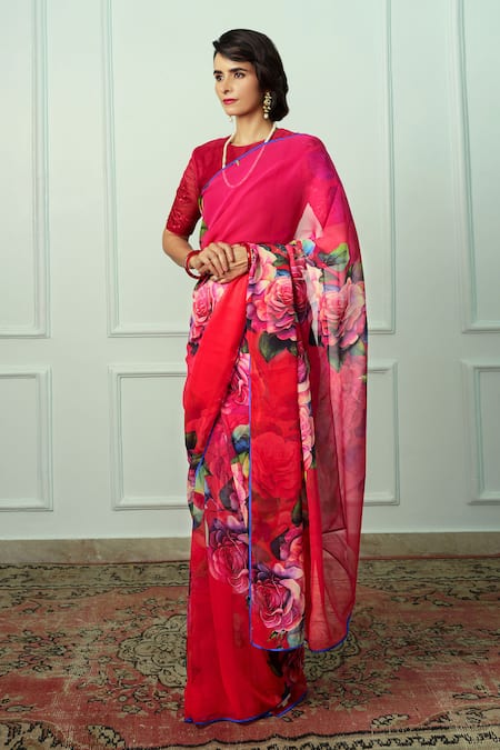 Atelier Shikaarbagh Red Chiffon, Organza Embroidery Aditi Saree With Unstitched Blouse Piece Online at Aza Fashions Atelier Shikaarbagh_Red Chiffon, Organza Embroidery Aditi Saree With Unstitched Blouse Piece _Online_at_Aza_Fashions