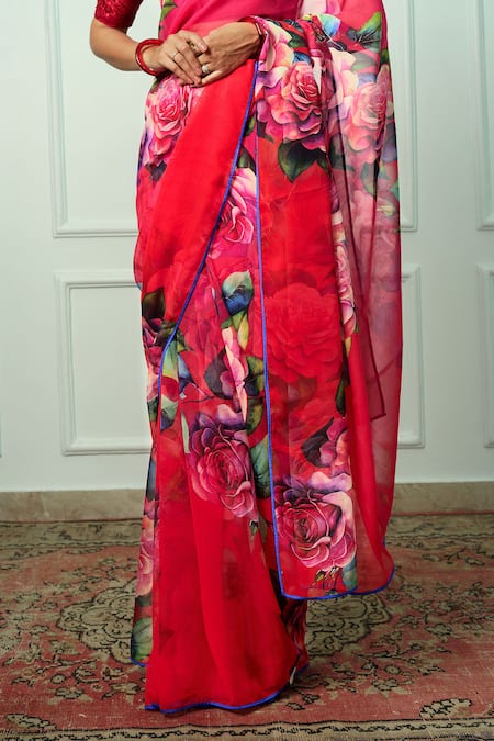 Buy Atelier Shikaarbagh Red Chiffon, Organza Embroidery Aditi Saree With Unstitched Blouse Piece Online at Aza Fashions Buy_Atelier Shikaarbagh_Red Chiffon, Organza Embroidery Aditi Saree With Unstitched Blouse Piece _Online_at_Aza_Fashions