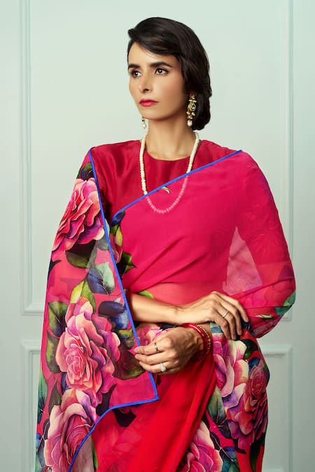 Shop Atelier Shikaarbagh Red Chiffon, Organza Embroidery Aditi Saree With Unstitched Blouse Piece Online at Aza Fashions Shop_Atelier Shikaarbagh_Red Chiffon, Organza Embroidery Aditi Saree With Unstitched Blouse Piece _Online_at_Aza_Fashions