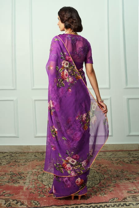 Shop Atelier Shikaarbagh Purple Chiffon, Organza Mridula Floral Saree With Unstitched Blouse Piece at Aza Fashions Shop_Atelier Shikaarbagh_Purple Chiffon, Organza Mridula Floral Saree With Unstitched Blouse Piece _at_Aza_Fashions