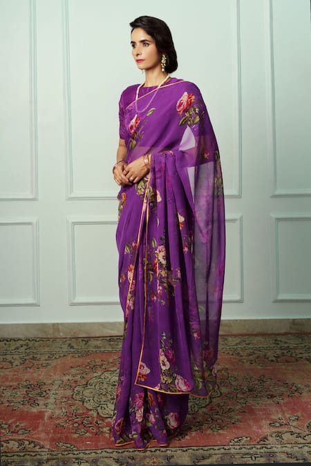 Atelier Shikaarbagh Purple Chiffon, Organza Mridula Floral Saree With Unstitched Blouse Piece Online at Aza Fashions Atelier Shikaarbagh_Purple Chiffon, Organza Mridula Floral Saree With Unstitched Blouse Piece _Online_at_Aza_Fashions