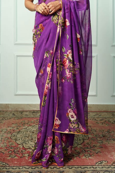 Buy Atelier Shikaarbagh Purple Chiffon, Organza Mridula Floral Saree With Unstitched Blouse Piece Online at Aza Fashions Buy_Atelier Shikaarbagh_Purple Chiffon, Organza Mridula Floral Saree With Unstitched Blouse Piece _Online_at_Aza_Fashions