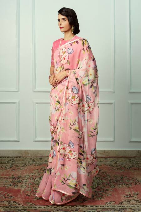 Atelier Shikaarbagh_Pink Chiffon, Organza Indira Printed And Saree With Unstitched Blouse Piece _Online_at_Aza_Fashions