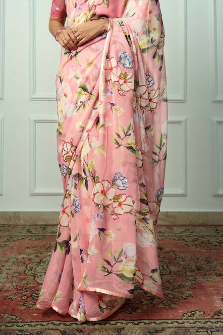 Buy_Atelier Shikaarbagh_Pink Chiffon, Organza Indira Printed And Saree With Unstitched Blouse Piece _Online_at_Aza_Fashions