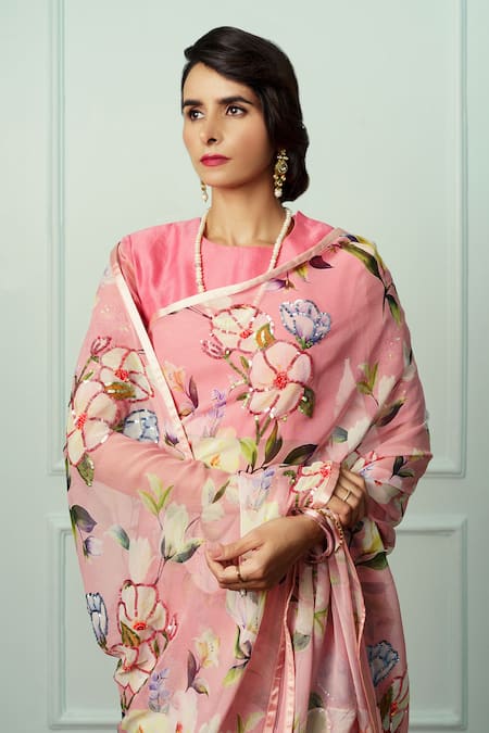 Shop_Atelier Shikaarbagh_Pink Chiffon, Organza Indira Printed And Saree With Unstitched Blouse Piece _Online_at_Aza_Fashions
