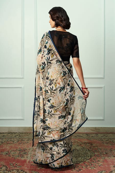 Atelier Shikaarbagh Maithli Floral & Animal Print Saree With Unstitched Blouse Piece 