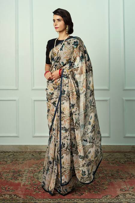 Atelier Shikaarbagh_Beige Chiffon, Maithli Floral And Animal Print Saree With Unstitched Blouse Piece _Online_at_Aza_Fashions