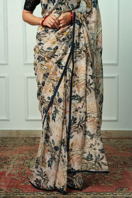 Buy_Atelier Shikaarbagh_Beige Chiffon, Maithli Floral And Animal Print Saree With Unstitched Blouse Piece _Online_at_Aza_Fashions