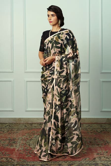 Atelier Shikaarbagh_Peach Chiffon, Priyangni Fruit And Leaf Print Saree With Unstitched Blouse Piece _Online_at_Aza_Fashions