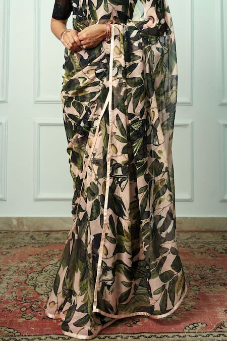 Buy_Atelier Shikaarbagh_Peach Chiffon, Priyangni Fruit And Leaf Print Saree With Unstitched Blouse Piece _Online_at_Aza_Fashions