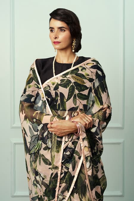 Shop_Atelier Shikaarbagh_Peach Chiffon, Priyangni Fruit And Leaf Print Saree With Unstitched Blouse Piece _Online_at_Aza_Fashions