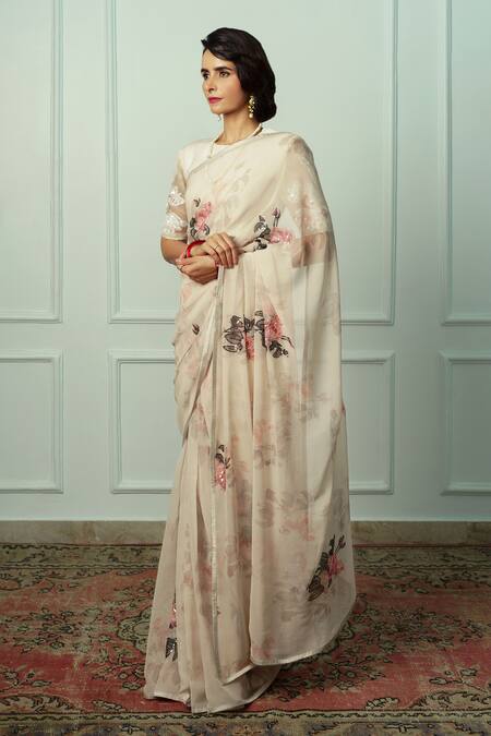 Atelier Shikaarbagh_Off White Chiffon, Achala Floral Print Saree With Unstitched Blouse Piece _Online_at_Aza_Fashions