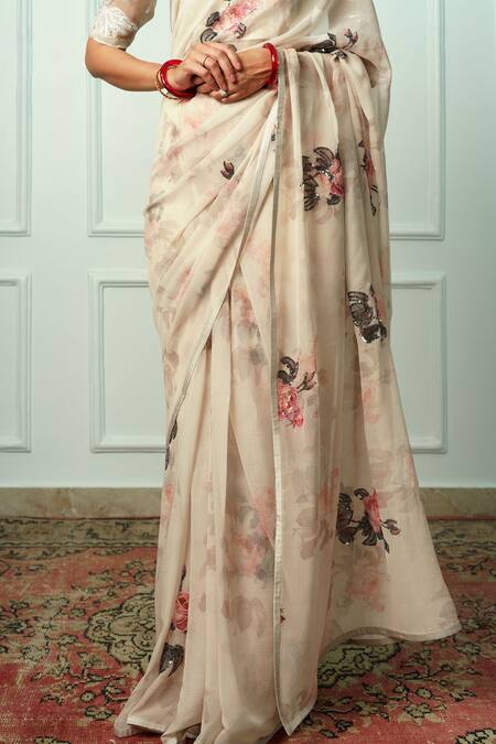 Buy_Atelier Shikaarbagh_Off White Chiffon, Achala Floral Print Saree With Unstitched Blouse Piece _Online_at_Aza_Fashions