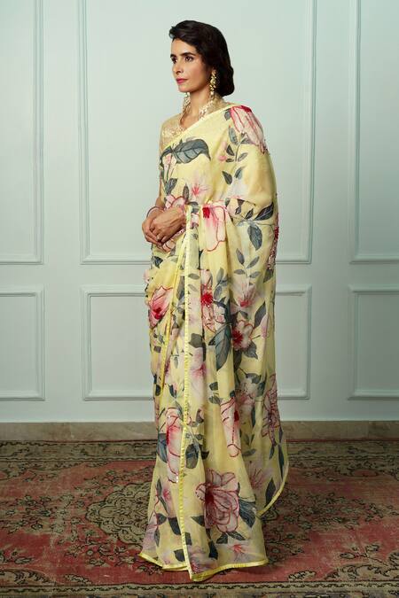 Atelier Shikaarbagh_Yellow Chiffon, Organza Uttara Floral Pattern Saree With Unstitched Blouse Piece _Online_at_Aza_Fashions
