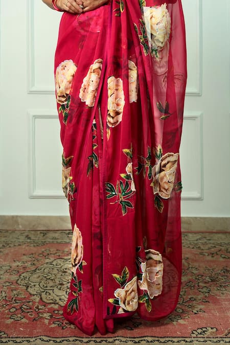 Buy_Atelier Shikaarbagh_Maroon Chiffon, Organza Krishna Floral Saree With Unstitched Blouse Piece _Online_at_Aza_Fashions