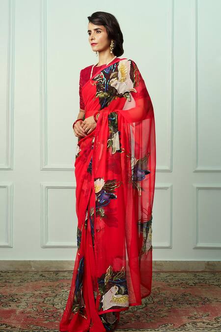Atelier Shikaarbagh_Red Chiffon, Organza Embroidery Meghna Saree With Unstitched Blouse Piece _Online_at_Aza_Fashions