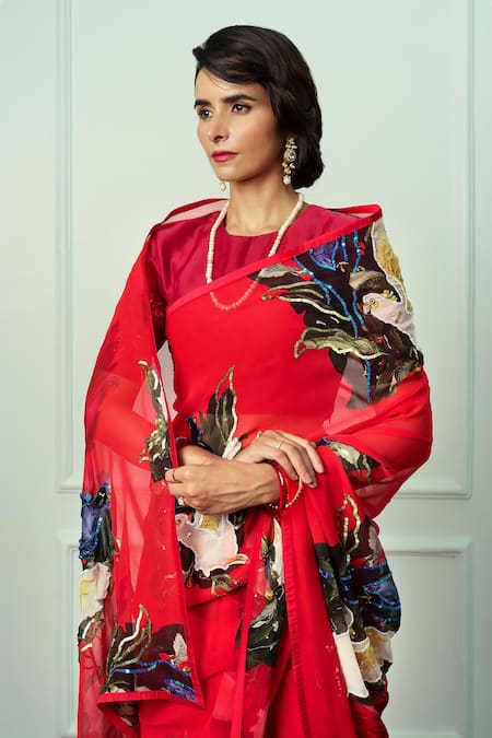Shop_Atelier Shikaarbagh_Red Chiffon, Organza Embroidery Meghna Saree With Unstitched Blouse Piece _Online_at_Aza_Fashions