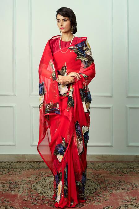 Atelier Shikaarbagh_Red Chiffon, Organza Embroidery Meghna Saree With Unstitched Blouse Piece _at_Aza_Fashions