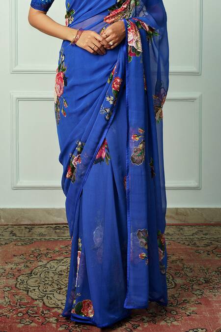Buy Atelier Shikaarbagh Blue Chiffon, Organza Nilanjana Floral Saree With Unstitched Blouse Piece Online at Aza Fashions Buy_Atelier Shikaarbagh_Blue Chiffon, Organza Nilanjana Floral Saree With Unstitched Blouse Piece _Online_at_Aza_Fashions