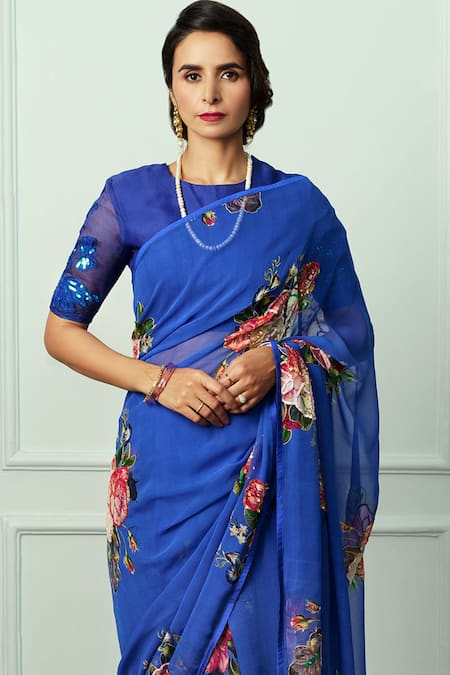 Shop Atelier Shikaarbagh Blue Chiffon, Organza Nilanjana Floral Saree With Unstitched Blouse Piece Online at Aza Fashions Shop_Atelier Shikaarbagh_Blue Chiffon, Organza Nilanjana Floral Saree With Unstitched Blouse Piece _Online_at_Aza_Fashions