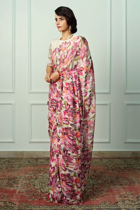 Atelier Shikaarbagh Pink Chiffon, Organza Gayatri Floral Pattern Saree With Unstitched Blouse Piece Online at Aza Fashions Atelier Shikaarbagh_Pink Chiffon, Organza Gayatri Floral Pattern Saree With Unstitched Blouse Piece _Online_at_Aza_Fashions