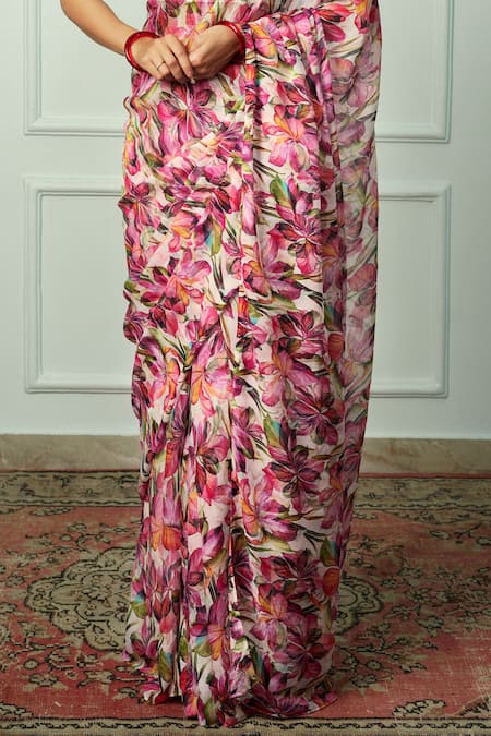 Shop Atelier Shikaarbagh Pink Chiffon, Organza Gayatri Floral Pattern Saree With Unstitched Blouse Piece Online at Aza Fashions Shop_Atelier Shikaarbagh_Pink Chiffon, Organza Gayatri Floral Pattern Saree With Unstitched Blouse Piece _Online_at_Aza_Fashions