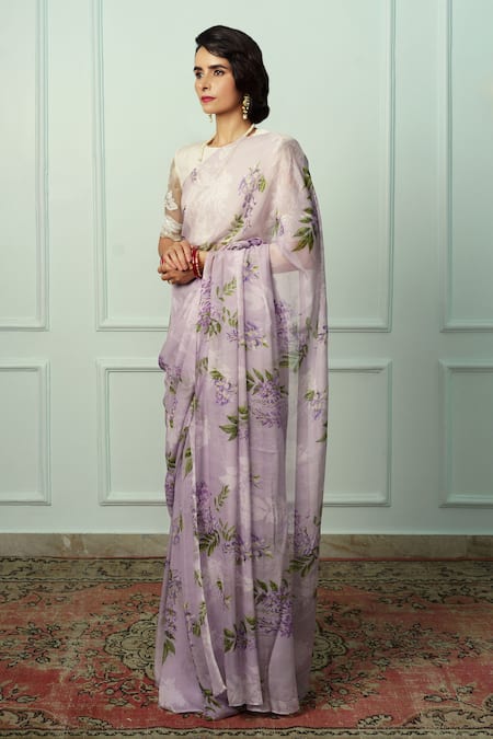 Atelier Shikaarbagh Purple Chiffon, Organza Kamini Floral Saree With Unstitched Blouse Piece Online at Aza Fashions Atelier Shikaarbagh_Purple Chiffon, Organza Kamini Floral Saree With Unstitched Blouse Piece _Online_at_Aza_Fashions