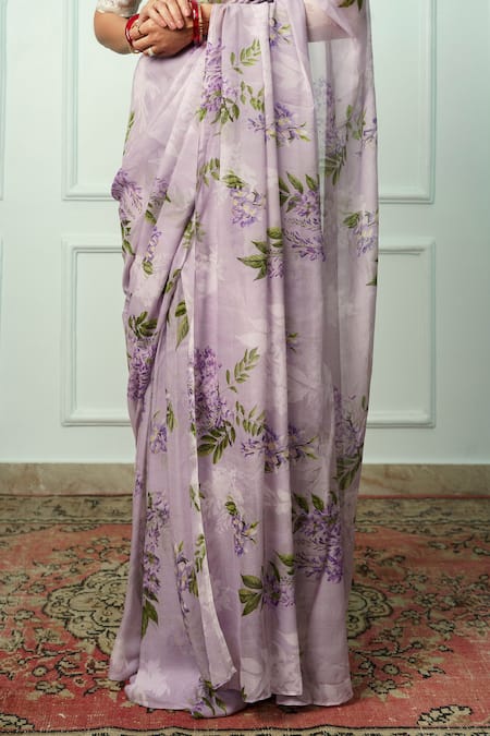 Buy Atelier Shikaarbagh Purple Chiffon, Organza Kamini Floral Saree With Unstitched Blouse Piece Online at Aza Fashions Buy_Atelier Shikaarbagh_Purple Chiffon, Organza Kamini Floral Saree With Unstitched Blouse Piece _Online_at_Aza_Fashions