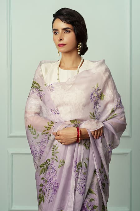 Shop Atelier Shikaarbagh Purple Chiffon, Organza Kamini Floral Saree With Unstitched Blouse Piece Online at Aza Fashions Shop_Atelier Shikaarbagh_Purple Chiffon, Organza Kamini Floral Saree With Unstitched Blouse Piece _Online_at_Aza_Fashions