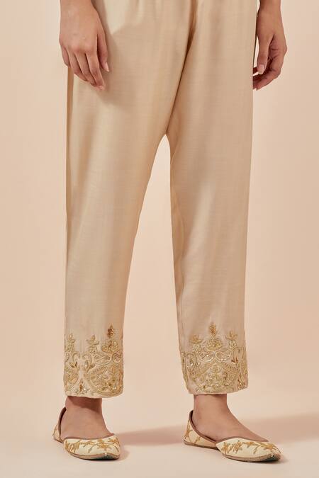 Ikshita Choudhary_Beige Chanderi Silk, Tissue Embroidery V-neck A-line Kurta Pant Set_Online_at_Aza_Fashions