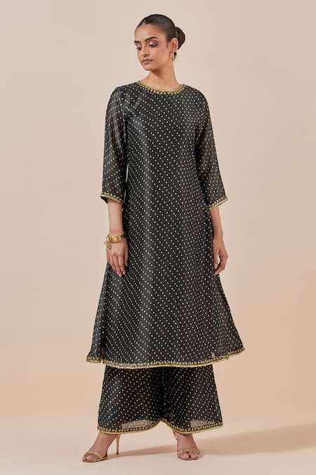 Ikshita Choudhary Black Chanderi Silk, Tissue Embroidery Round Bandhani Print Kurta Palazzo Set Online at Aza Fashions Ikshita Choudhary_Black Chanderi Silk, Tissue Embroidery Round Bandhani Print Kurta Palazzo Set _Online_at_Aza_Fashions