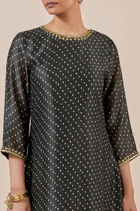 Buy Ikshita Choudhary Black Chanderi Silk, Tissue Embroidery Round Bandhani Print Kurta Palazzo Set Online at Aza Fashions Buy_Ikshita Choudhary_Black Chanderi Silk, Tissue Embroidery Round Bandhani Print Kurta Palazzo Set _Online_at_Aza_Fashions