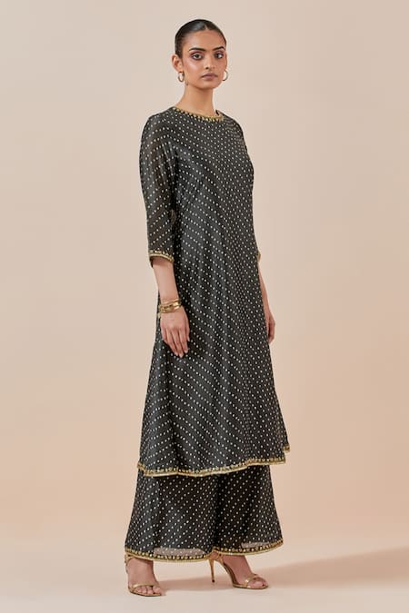 Shop Ikshita Choudhary Black Chanderi Silk, Tissue Embroidery Round Bandhani Print Kurta Palazzo Set Online at Aza Fashions Shop_Ikshita Choudhary_Black Chanderi Silk, Tissue Embroidery Round Bandhani Print Kurta Palazzo Set _Online_at_Aza_Fashions