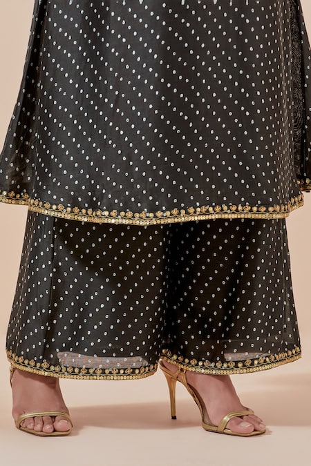 Buy Ikshita Choudhary Black Chanderi Silk, Tissue Embroidery Round Bandhani Print Kurta Palazzo Set Buy_Ikshita Choudhary_Black Chanderi Silk, Tissue Embroidery Round Bandhani Print Kurta Palazzo Set