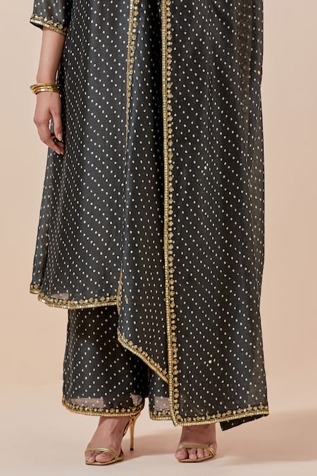 Shop Ikshita Choudhary Black Chanderi Silk, Tissue Embroidery Round Bandhani Print Kurta Palazzo Set Shop_Ikshita Choudhary_Black Chanderi Silk, Tissue Embroidery Round Bandhani Print Kurta Palazzo Set