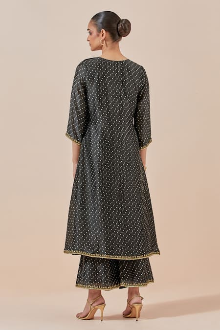 Shop Ikshita Choudhary Black Chanderi Silk, Tissue Embroidery Round Bandhani Print Kurta Palazzo Set at Aza Fashions Shop_Ikshita Choudhary_Black Chanderi Silk, Tissue Embroidery Round Bandhani Print Kurta Palazzo Set _at_Aza_Fashions