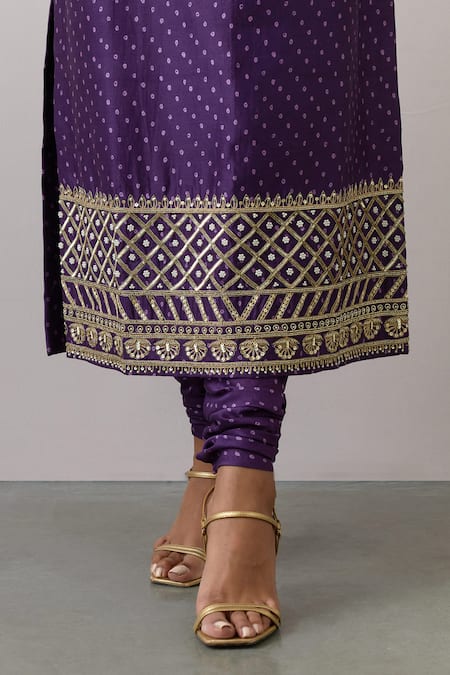 Buy_Ikshita Choudhary_Purple Chanderi Silk, Tissue Embroidery Round Neck Bandhani Print Kurta Set _Online_at_Aza_Fashions