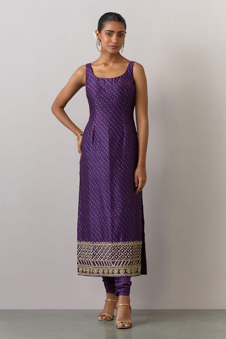 Shop_Ikshita Choudhary_Purple Chanderi Silk, Tissue Embroidery Round Neck Bandhani Print Kurta Set _Online_at_Aza_Fashions