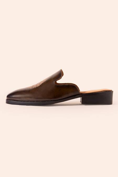 Buy_Amrit Dawani_Brown Embroidery Floral Embossed Mule Shoes_Online_at_Aza_Fashions
